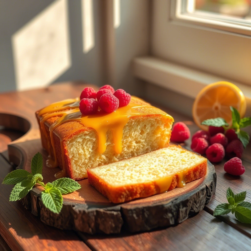 A sliced loaf of lemon pound cake with nuts, dusted with powdered sugar, on a rustic wooden board with honey and tea in the background.