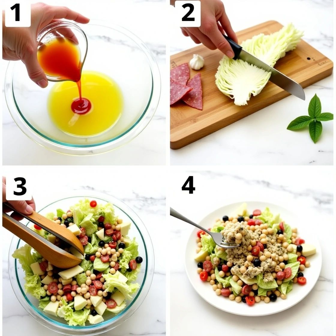 "Step-by-step photo guide showing how to make La Scala Salad - chopping ingredients, mixing dressing, tossing salad, and final plating"