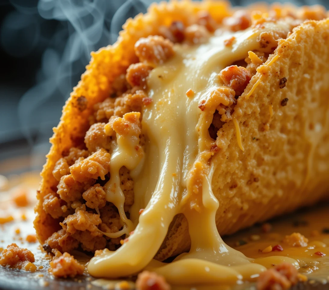 alt="Close-up of a cheesy Taco Bell taco with melted cheese and seasoned beef in a crunchy shell"