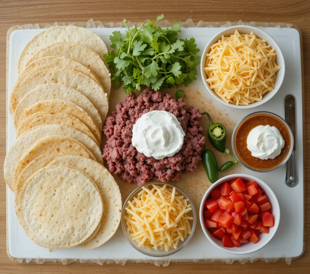 alt="Taco Bell ingredients on a board including tortillas, ground beef, shredded cheese, salsa, sour cream, tomatoes, and cilantro"