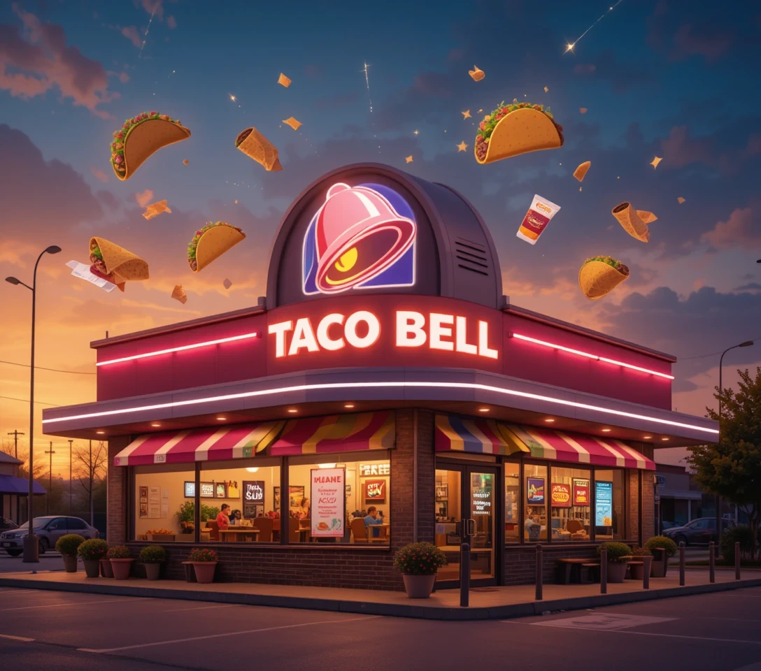 alt="Taco Bell restaurant at sunset with tacos and snacks floating in the sky"