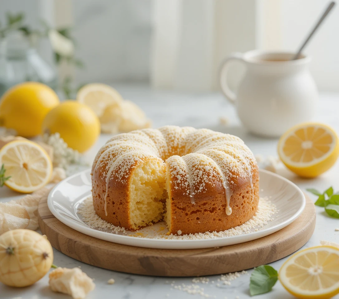 Moist lemon bundt cake lightly drizzled with glaze and dusted with powdered sugar, surrounded by fresh lemons and greenery on a white plate.