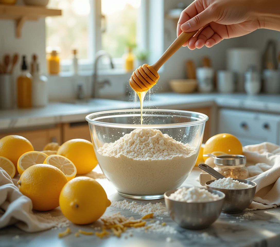 A hand drizzling honey over a bowl of flour surrounded by fresh lemons and baking ingredients on a kitchen counter.