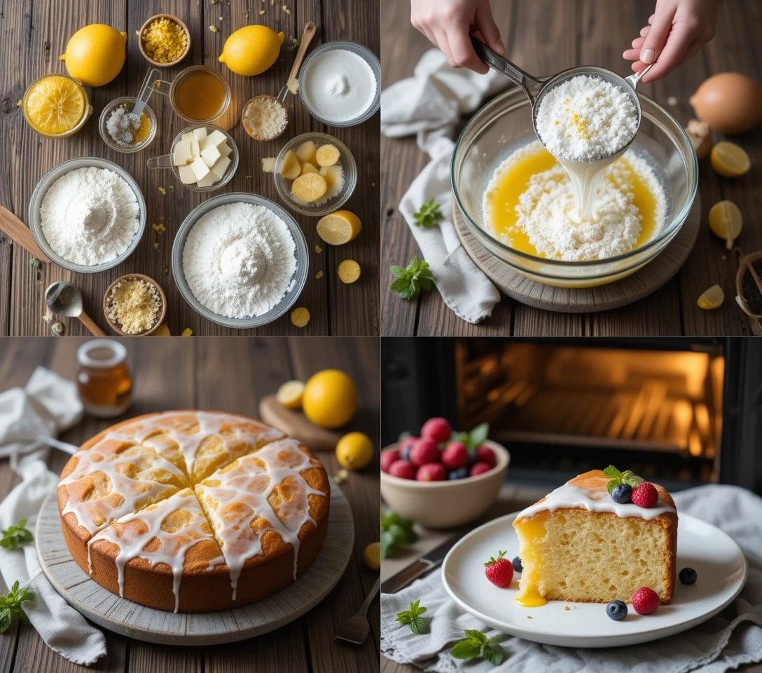A step-by-step visual collage showing ingredients, preparation, and final presentation of a glazed lemon cake with berries.