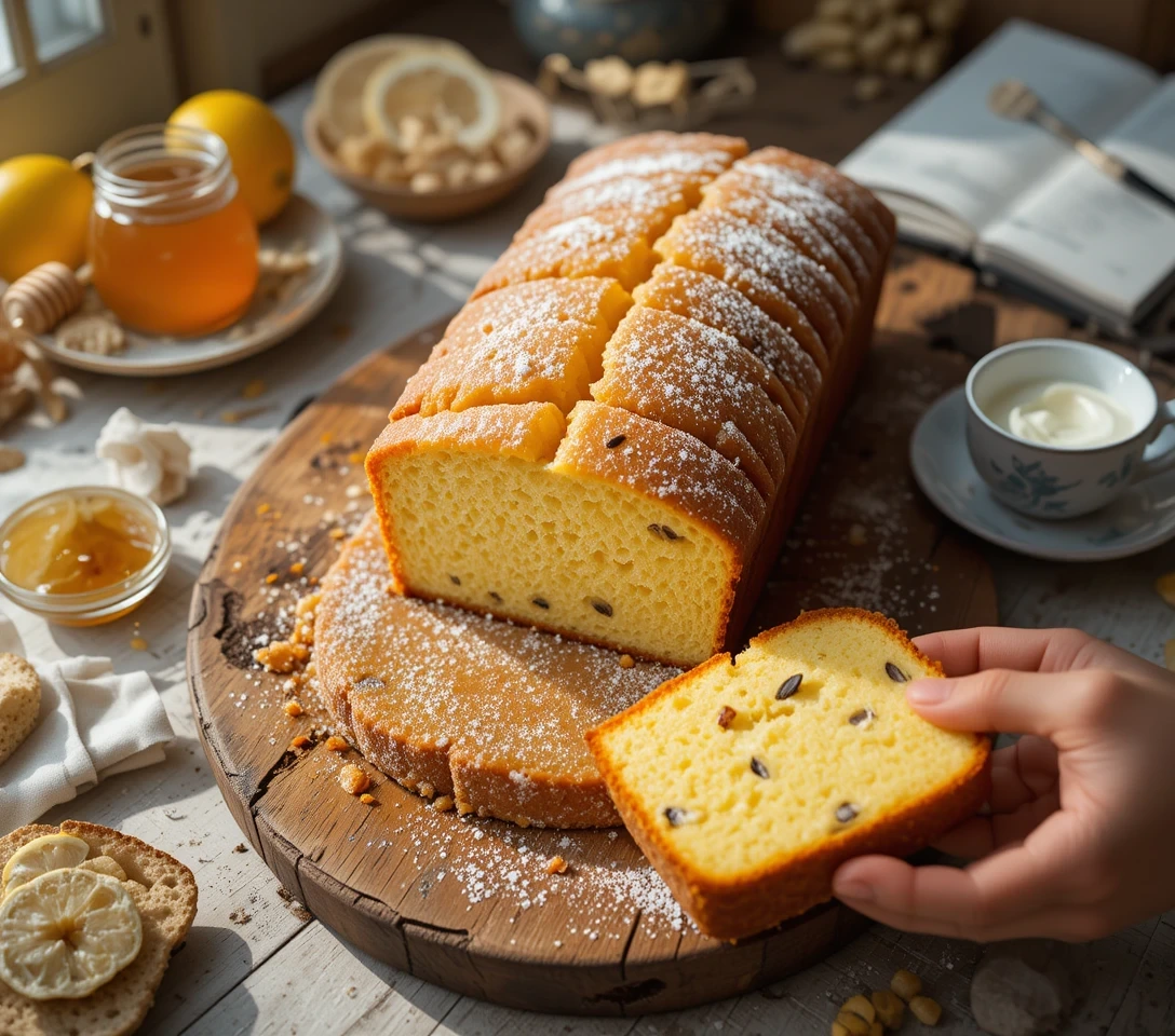 A sliced loaf of lemon pound cake with nuts, dusted with powdered sugar, on a rustic wooden board with honey and tea in the background.