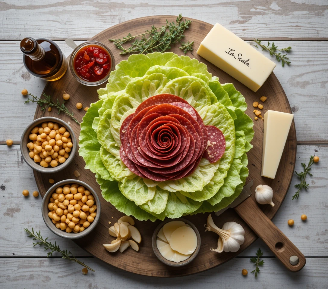 Artistic arrangement of La Scala salad ingredients on a wooden board, with salami slices shaped into a rose on a bed of lettuce, surrounded by chickpeas, cheese, garlic, herbs, and dressing.