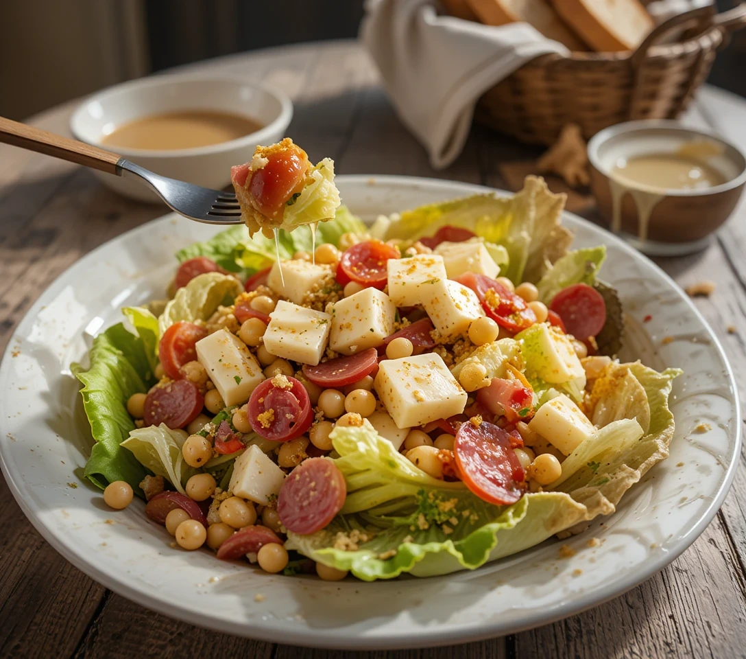 Perfectly plated La Scala Salad in white bowl with salami, provolone, crisp lettuce, and tangy dressing – restaurant-style presentation