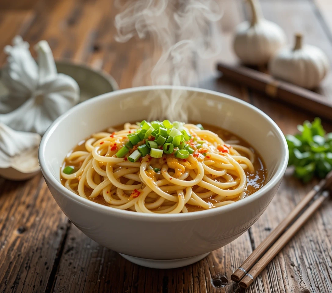 Vietnamese Garlic Noodles in white bowl with green onions and red pepper flakes, steaming buttery garlic noodles with chopsticks and fresh garlic on wooden table