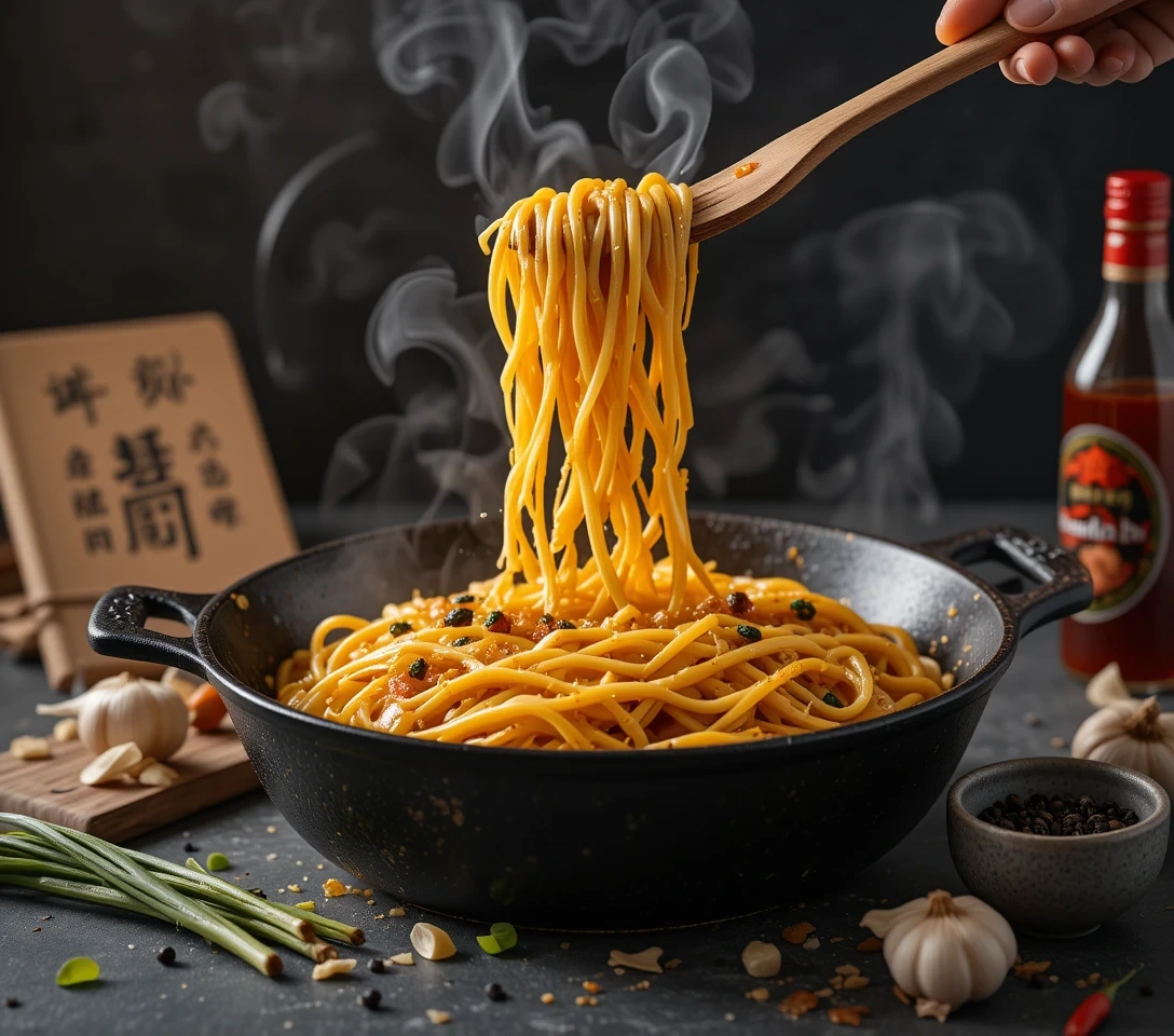 Sizzling Vietnamese garlic noodles in cast iron skillet with twirled fork, crushed garlic, and steam rising against dark slate backdrop