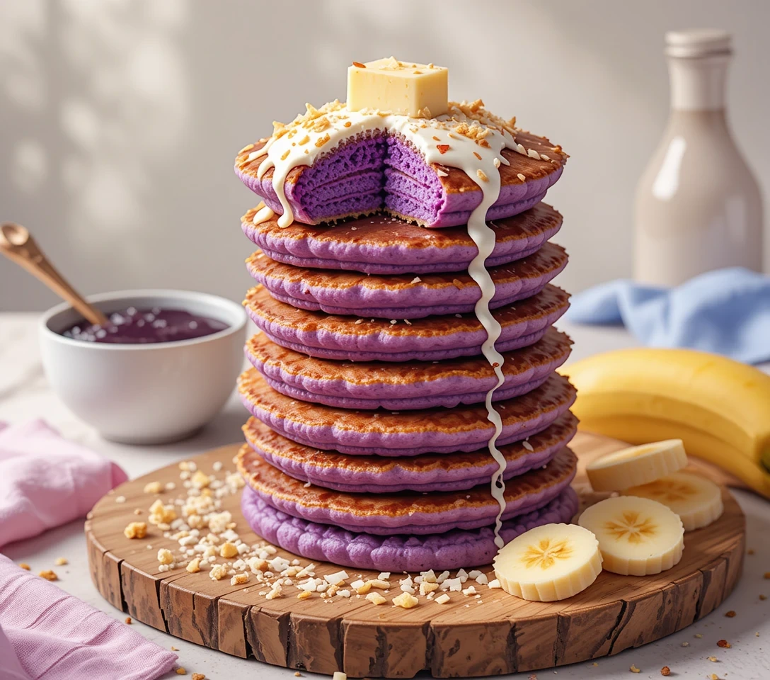 Fluffy stack of purple ube mochi pancakes with coconut cream drizzle, toasted coconut flakes, and banana slices on marble countertop - showing stretchy mochi texture with fork pull