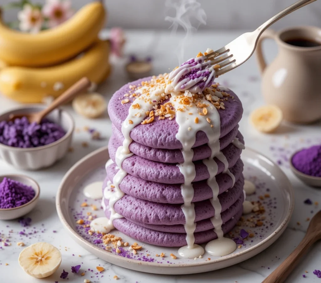 Fluffy stack of purple ube mochi pancakes with coconut cream drizzle, toasted coconut flakes, and banana slices on marble countertop - showing stretchy mochi texture with fork pull"