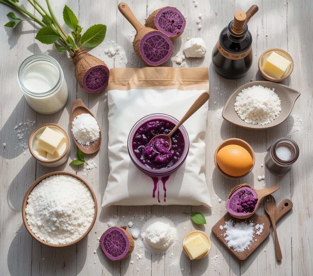 Flat lay of ube mochi pancake ingredients including purple ube halaya, glutinous rice flour, all-purpose flour, egg, ube extract, buttermilk, and baking essentials arranged on wooden surface with fresh ube root.