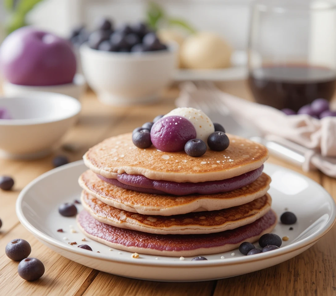 Top tips for perfect ube mochi pancakes: flipping a golden pancake on a skillet, low heat dial, lumpy batter bowl, timer, fresh ube halaya, and bubbling pancake close-up.