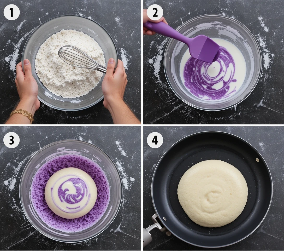 Step-by-step collage of making ube mochi pancakes: mixing dry ingredients, combining wet ingredients, folding batter, cooking on skillet, and final stacked pancakes with coconut drizzle.