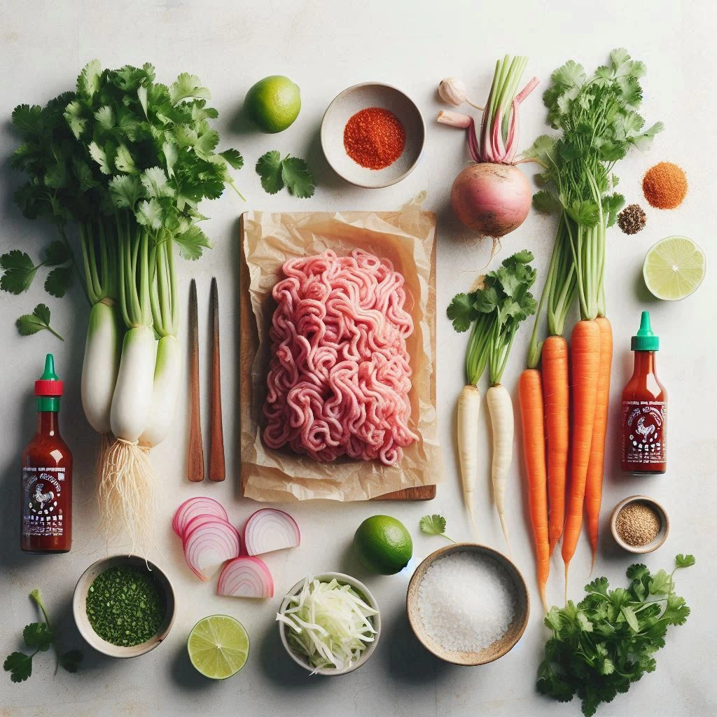 Key ingredients for Banh Mi Smash Burgers: ground pork, fresh daikon, carrots, cilantro, sriracha, and mayo arranged on marble counter.