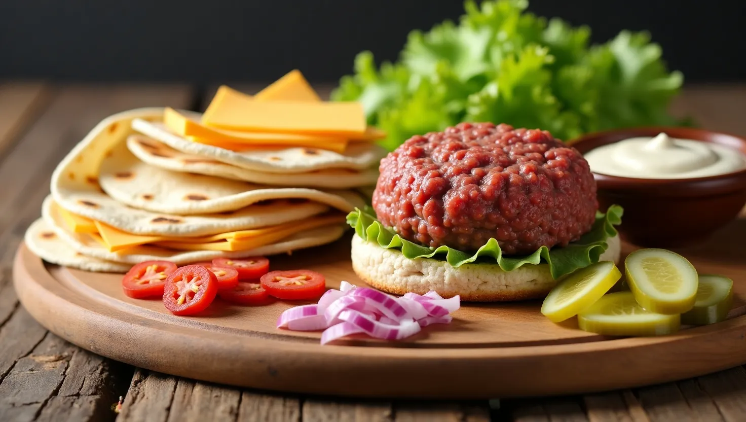 Key ingredients for Smash Burger Tacos on a wooden board: ground beef, tortillas, cheese, lettuce, pickles, onions, and burger sauce