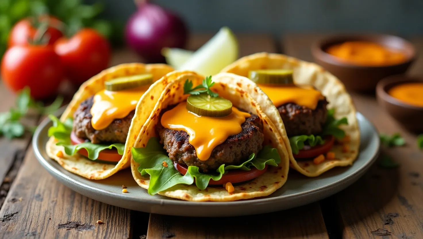 Three smash burger tacos topped with melted cheddar cheese, pickles, lettuce, and tomato on a plate.