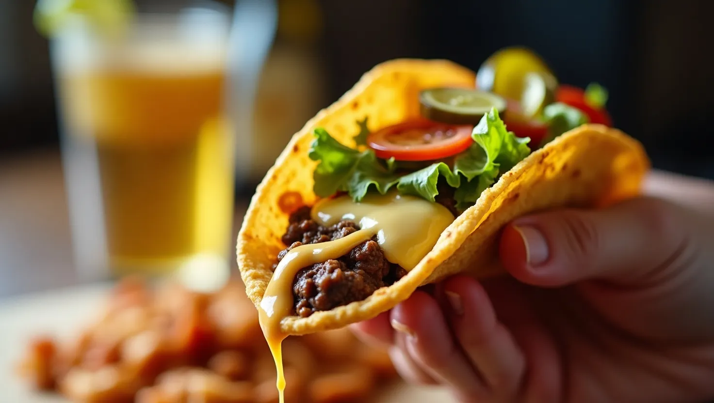 Close-up of a hand holding a crispy Smash Burger Taco filled with melted cheese, smashed beef, lettuce, and burger sauce