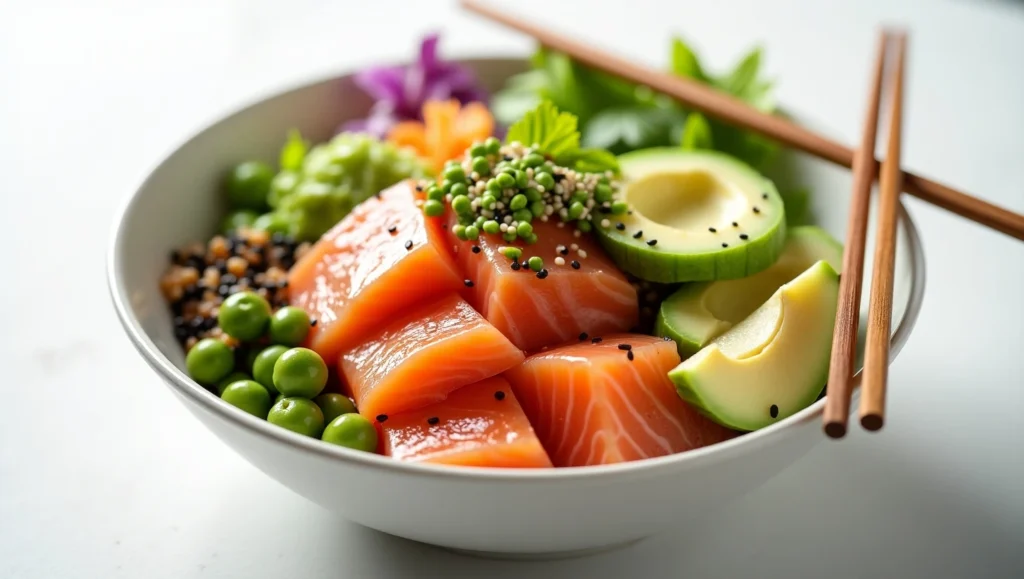 Salmon Poke Bowl with fresh raw salmon, avocado, edamame and sesame seeds on rice - easy 10-minute healthy lunch recipe