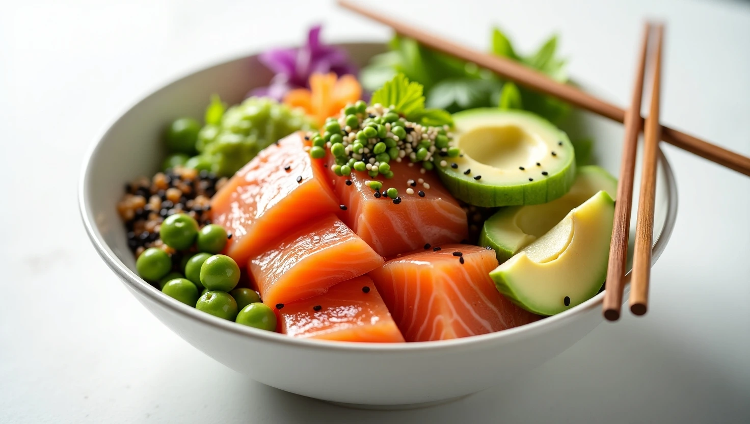 Salmon Poke Bowl with fresh raw salmon, avocado, edamame and sesame seeds on rice - easy 10-minute healthy lunch recipe