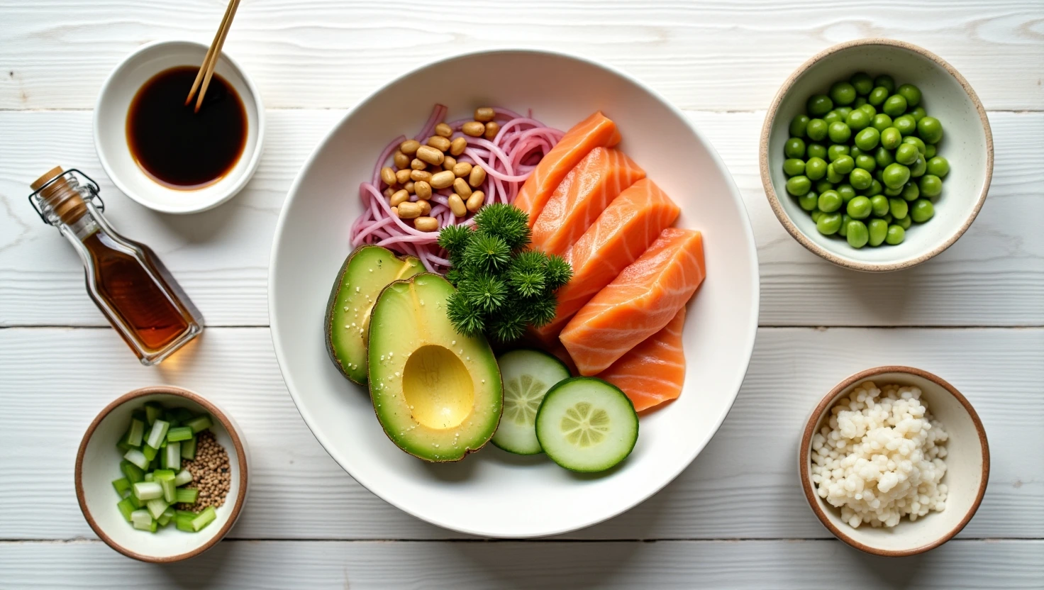 Key ingredients for Salmon Poke Bowl: fresh salmon, avocado, cucumber, edamame, rice, soy sauce, and sesame seeds - easy 10-minute recipe essentials"