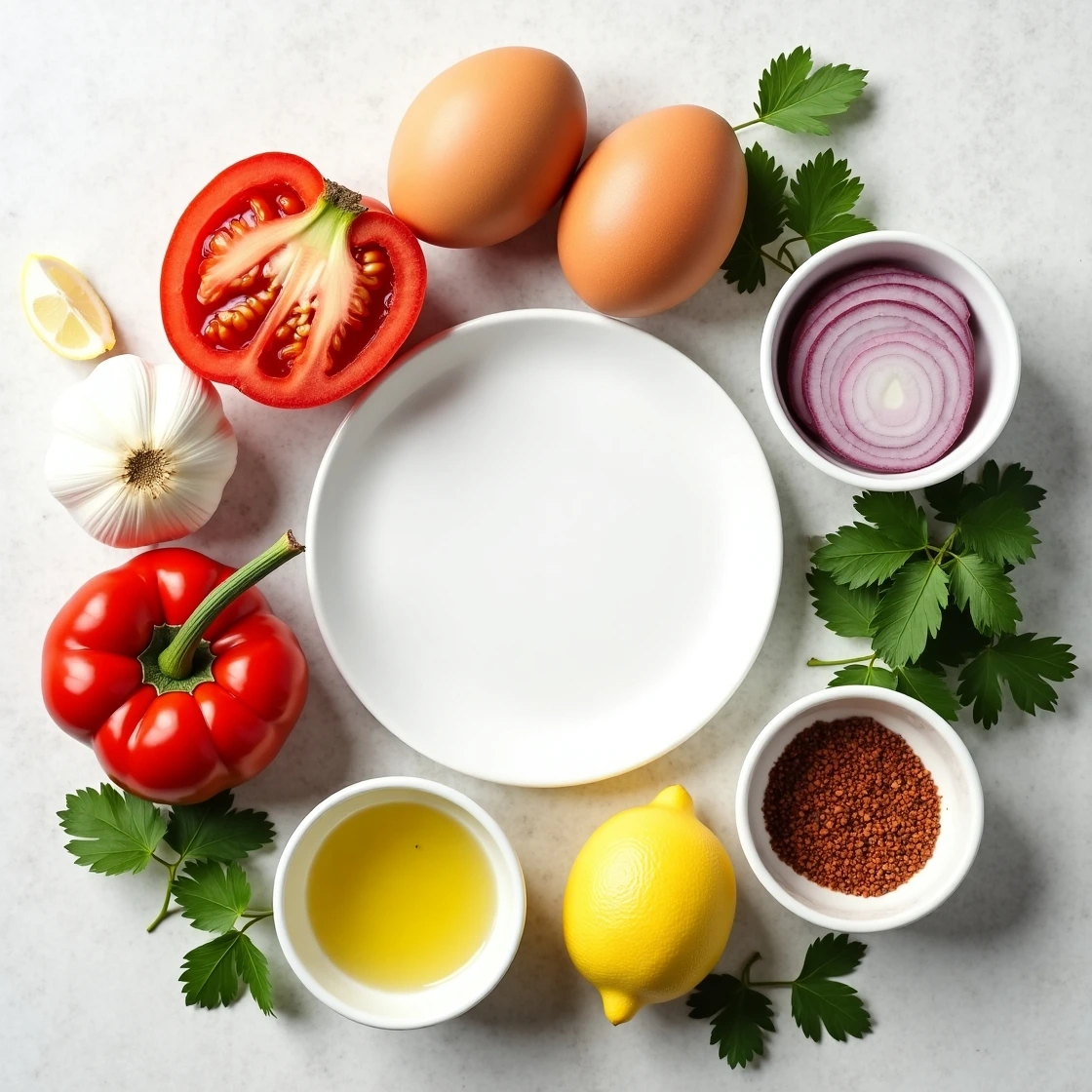 Fresh ingredients for homemade Shakshuka - tomatoes, eggs, and spices
