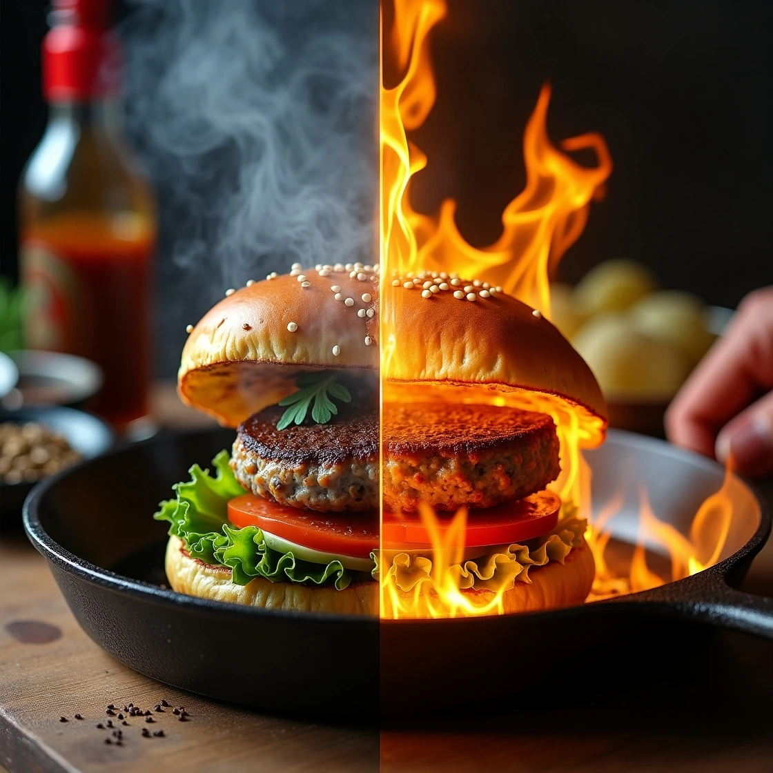 Side-by-side comparison of perfect vs. failed Banh Mi Smash Burgers, with pro tips for crispy edges, proper smashing technique, and ideal cooking temperature.