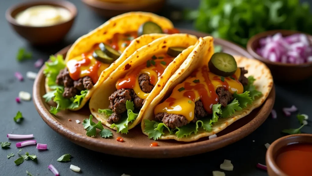 Smash Burger Tacos on a rustic plate with melty cheese and toppings