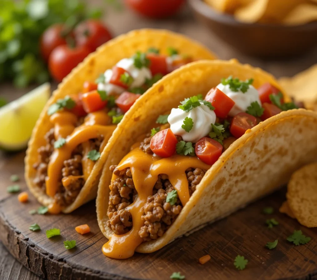 Close-up of cheesy Rotel Tacos recipe filled with seasoned ground beef, melted cheddar, and diced tomatoes with green chilies, topped with fresh cilantro and sour cream. Served on a rustic wooden table with tortilla chips and lime wedge.