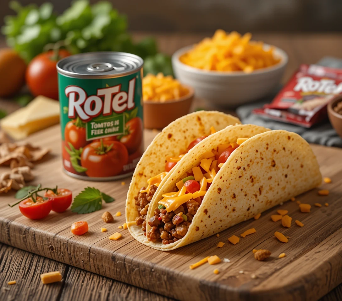 Rustic flat lay of Rotel Taco ingredients: unopened can of Rotel diced tomatoes with green chilies, an open tortilla filled with seasoned beef and melted cheese, shredded cheddar, and taco seasoning packets arranged on a wooden cutting board with soft kitchen background.