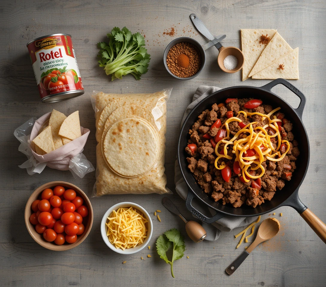Flat lay of Rotel Taco ingredients divided into raw and prepped groups: Rotel tomatoes can, ground beef, shredded cheese, seasoning packet, and tortillas on the left; cooked beef, drained tomatoes, melted cheese, and measured seasoning on the right, arranged on a wooden surface.