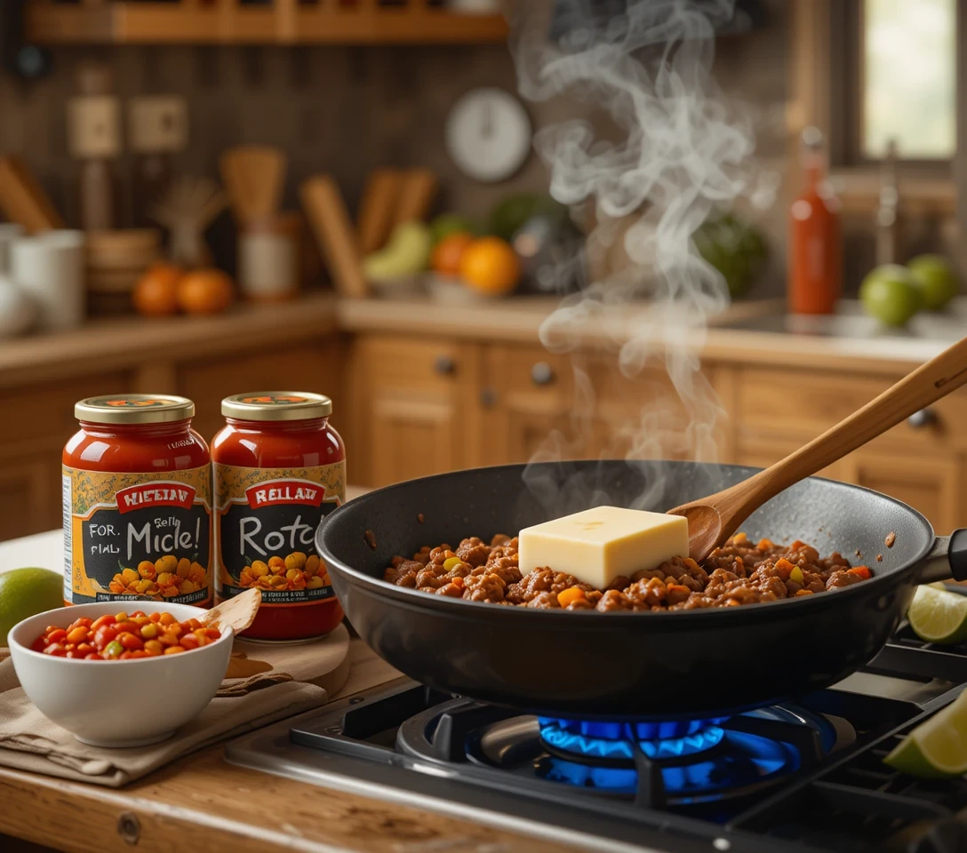 Three pro tips for perfect Rotel Tacos: (1) Mild vs. hot Rotel tomatoes in bowls, (2) cream cheese melting into beef, (3) tortilla toasting on a flame. Styled on a rustic kitchen counter with cooking tools.