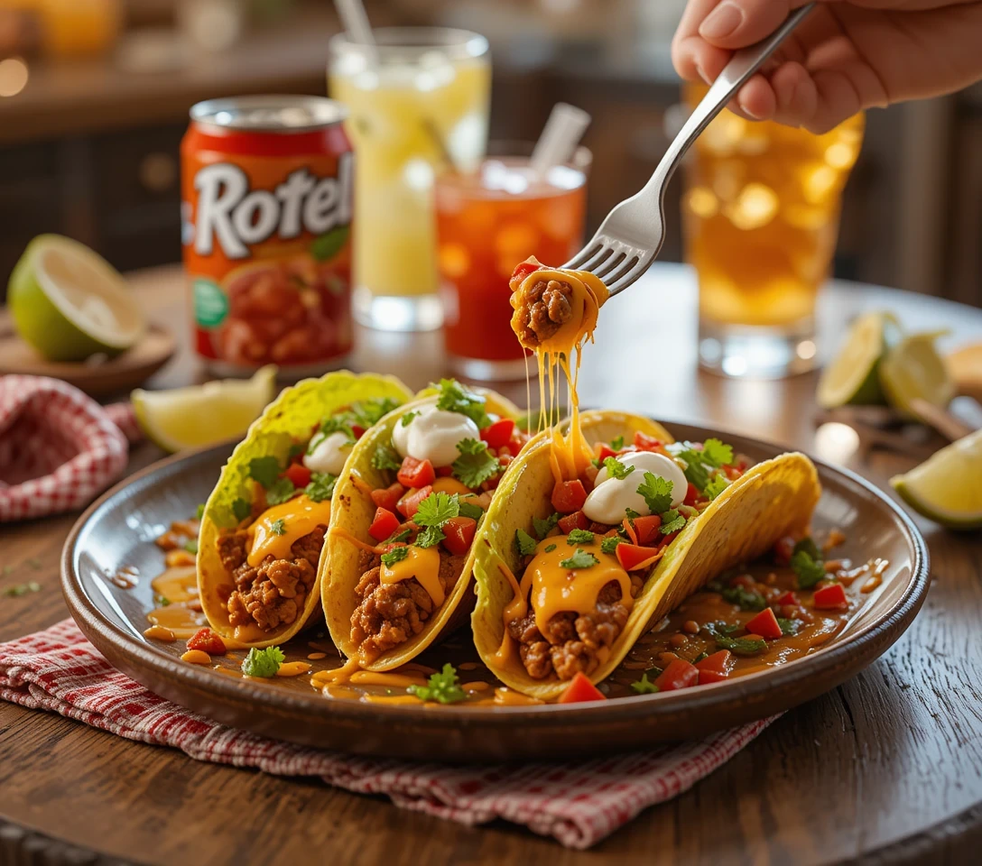 A delicious serving of Rotel Tacos on a ceramic plate with melted cheese, fresh cilantro, and sour cream, styled on a rustic table with a lime wedge and drink. A nod to quick, flavorful homemade meals."