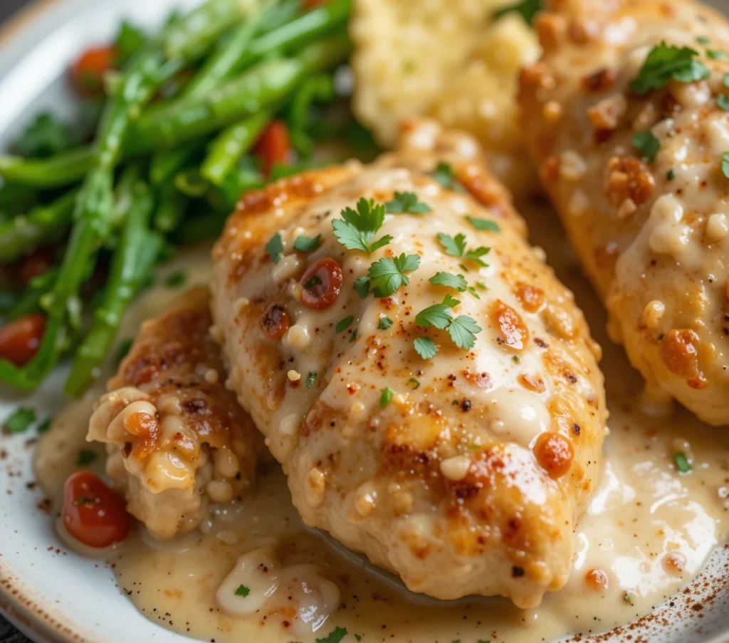 Marry Me Chicken with creamy sun-dried tomato sauce and fresh basil garnish