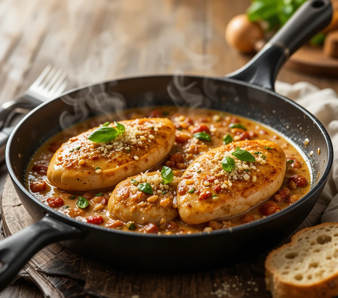 Creamy Marry Me Chicken with sun-dried tomatoes and Parmesan in a skillet – easy romantic dinner recipe.