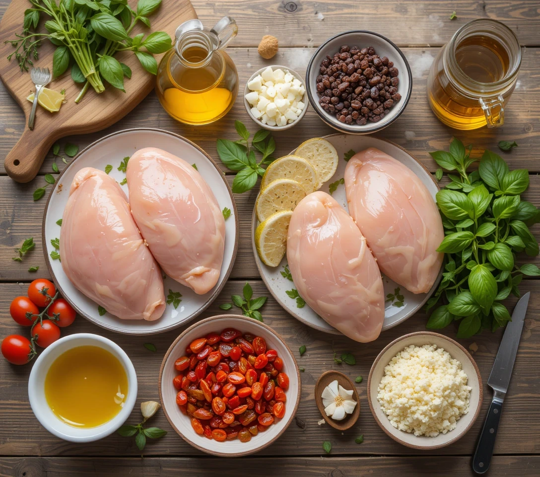 Fresh ingredients for Marry Me Chicken recipe – chicken, sun-dried tomatoes, garlic, cream, and Parmesan.