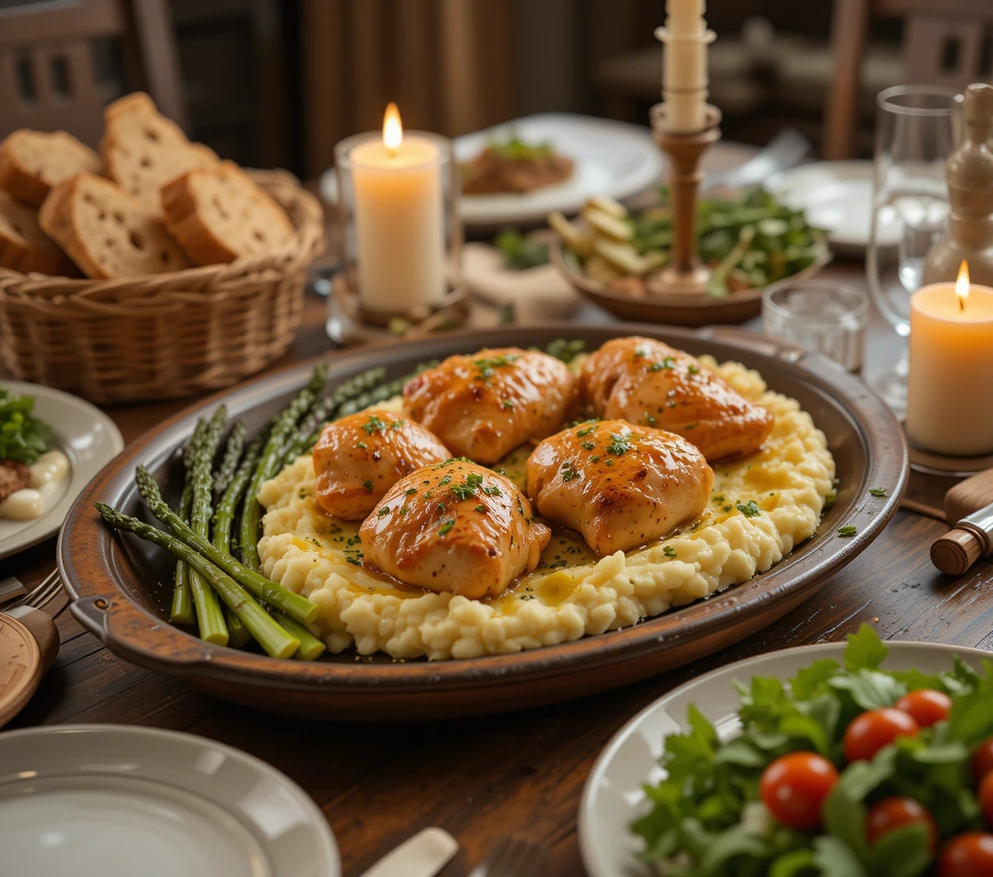 Marry Me Chicken served with garlic mashed potatoes, roasted asparagus and crusty bread - perfect dinner pairing ideas