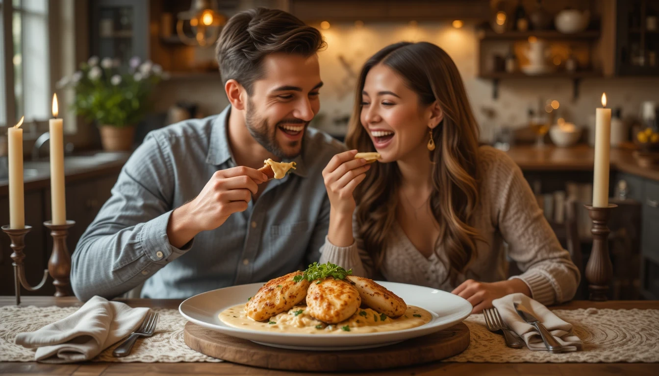 Happy couple enjoying romantic Marry Me Chicken dinner at home - easy proposal-worthy recipe