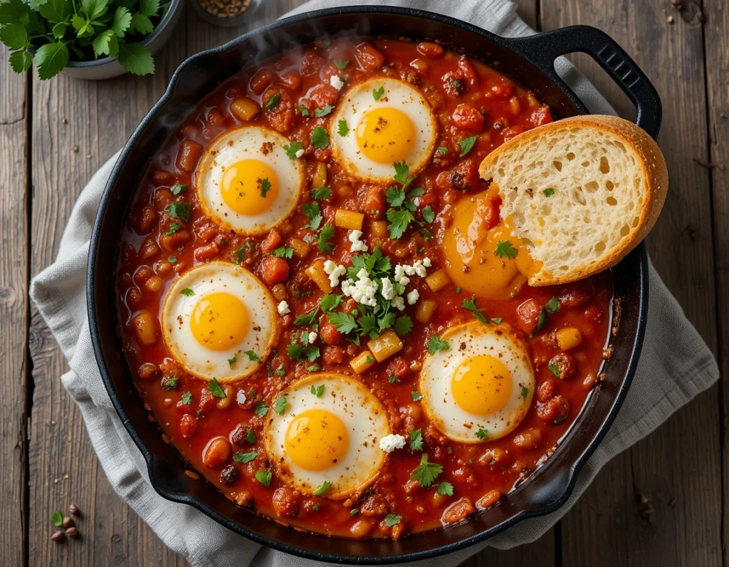 Easy Shakshuka recipe with eggs poached in spicy tomato sauce