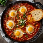 Easy Shakshuka recipe with eggs poached in spicy tomato sauce