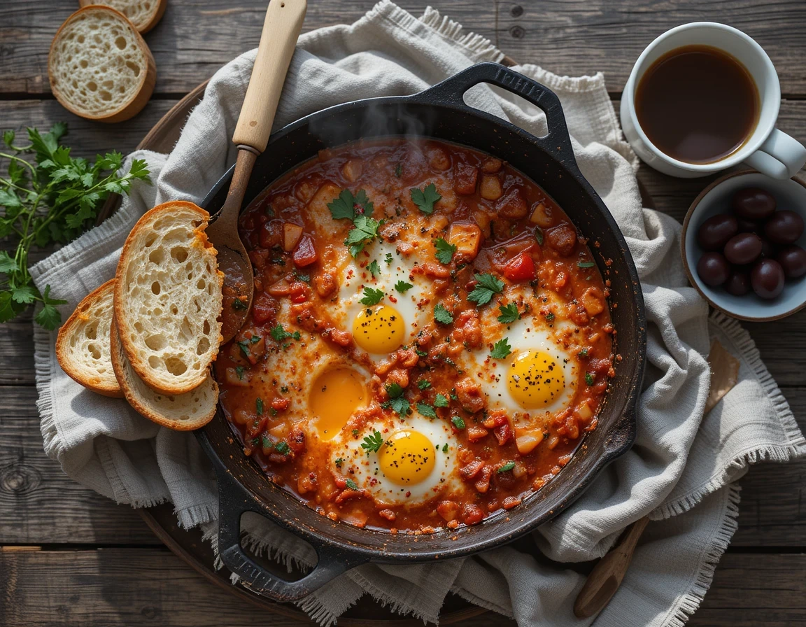 Homemade Shakshuka - eggs poached in spiced tomato sauce with crusty bread