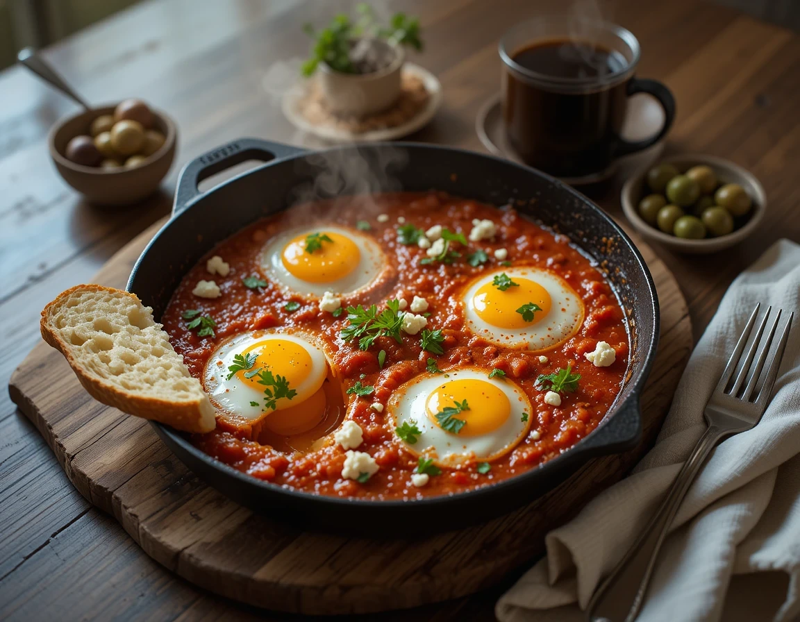 Perfect homemade Shakshuka with runny eggs in spiced tomato sauce