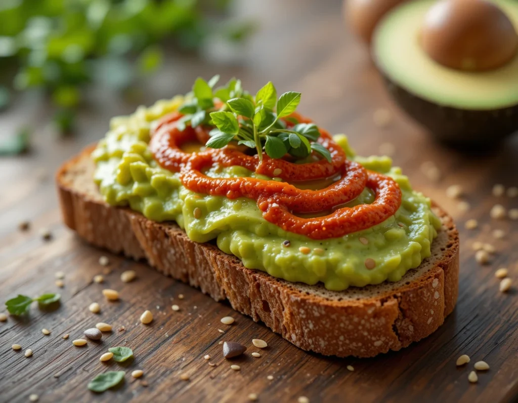 Harissa Avocado Toast with creamy avocado, spicy harissa, and fresh toppings on toasted sourdough bread.