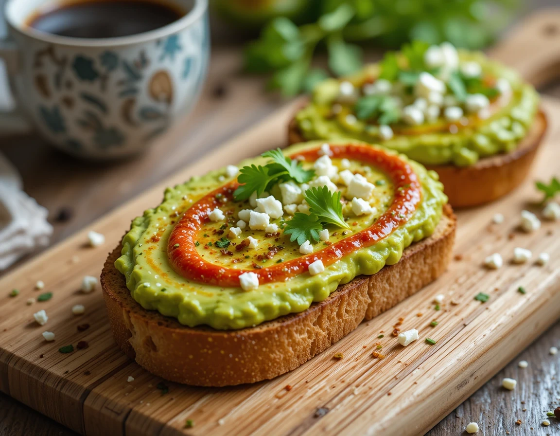 Harissa Avocado Toast - creamy avocado and spicy harissa on crispy sourdough bread with feta and herbs.