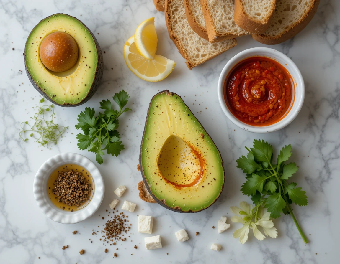 Key ingredients for Harissa Avocado Toast: avocado, harissa paste, lemon, bread, and seasonings.
