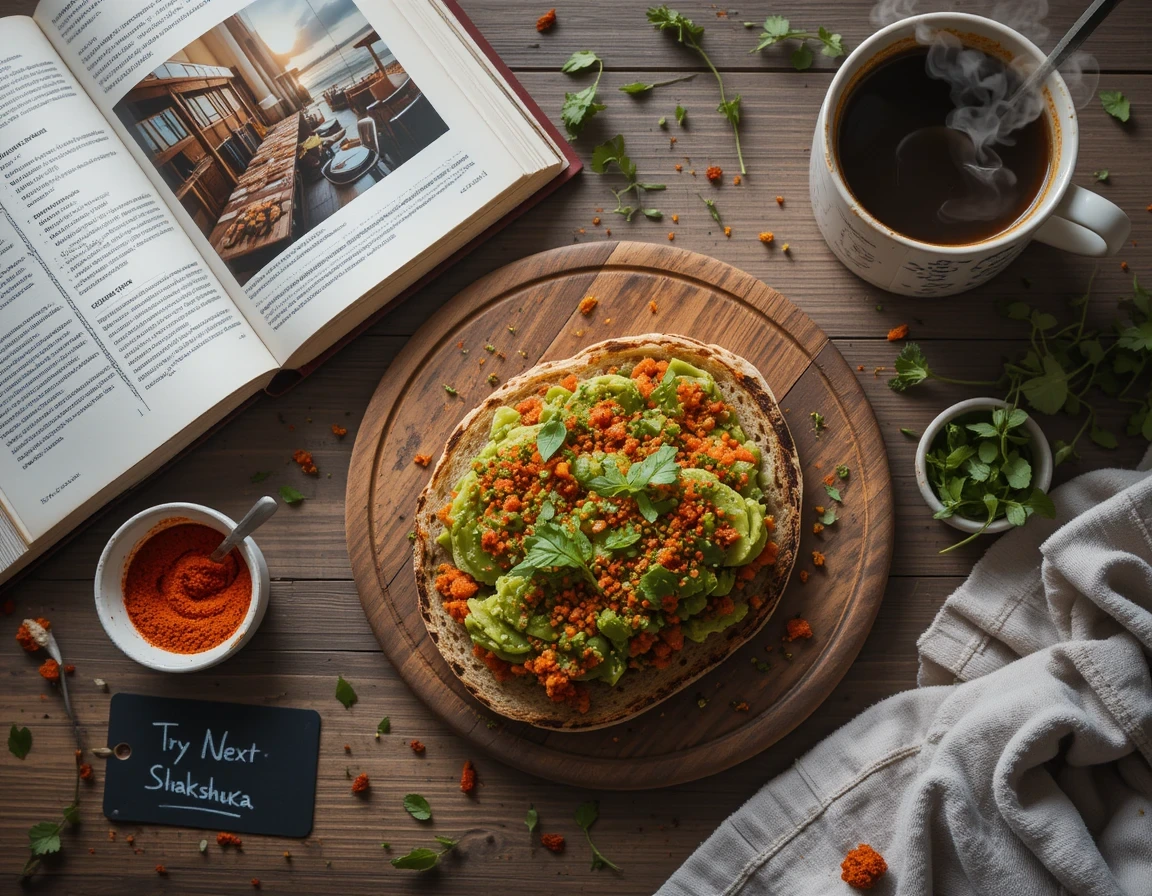 Perfectly prepared Harissa Avocado Toast with cookbook and ingredients, inspiring readers to discover more recipes.