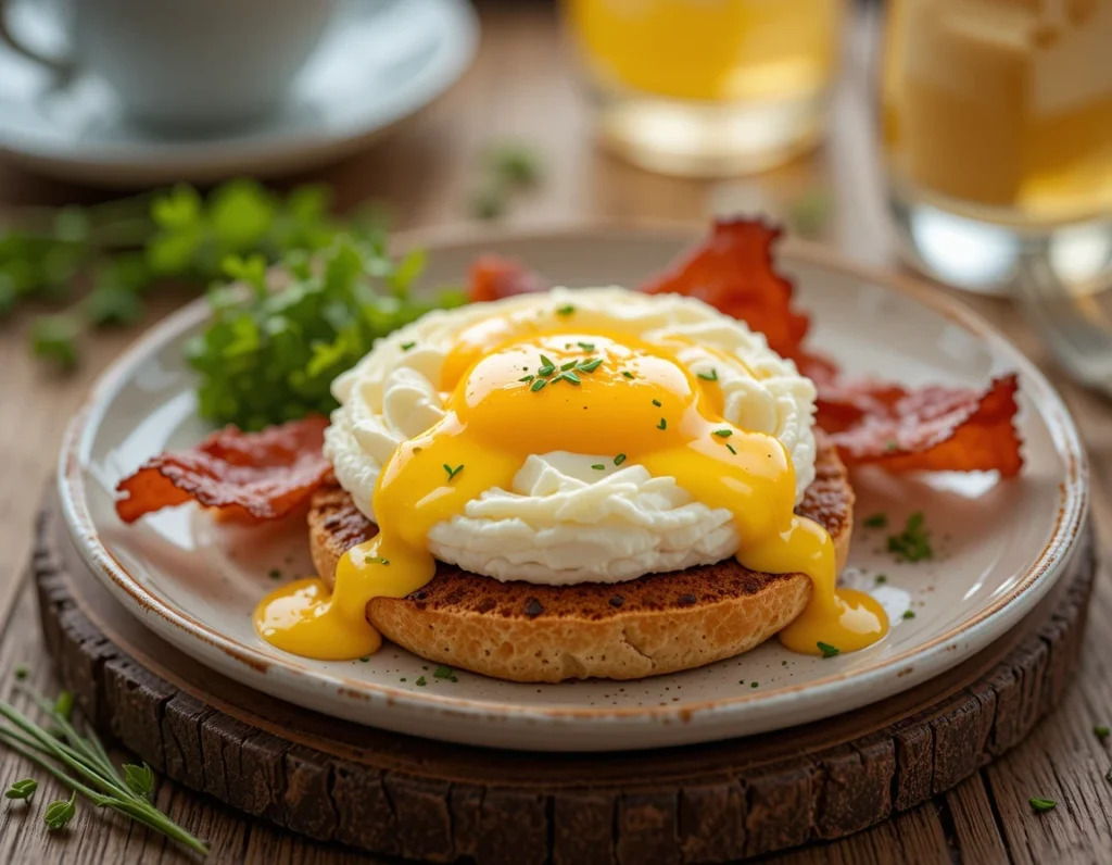 Fluffy Cloud Eggs Benedict with hollandaise sauce, crispy bacon, and toasted English muffin – a delicious modern brunch recipe