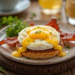 Fluffy Cloud Eggs Benedict with hollandaise sauce, crispy bacon, and toasted English muffin – a delicious modern brunch recipe