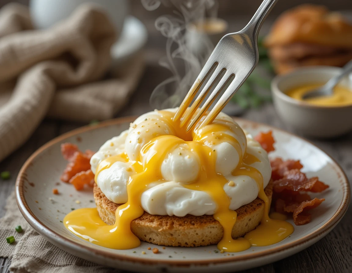 Close-up of Cloud Eggs Benedict showing fluffy whipped egg whites, runny yolk, and hollandaise on a toasted muffin – what makes this dish unique.