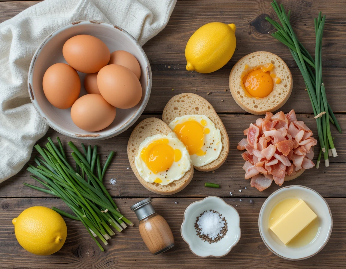 Fresh ingredients for Cloud Eggs Benedict: eggs, bacon, English muffins, chives, lemon, and butter arranged on a wooden table.